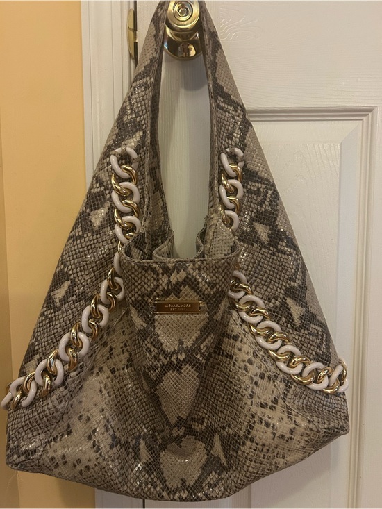 Michael Kors Handbags - Michael Kors Taupe Snake-Print Shoulder Bag with Gold Chain Detail